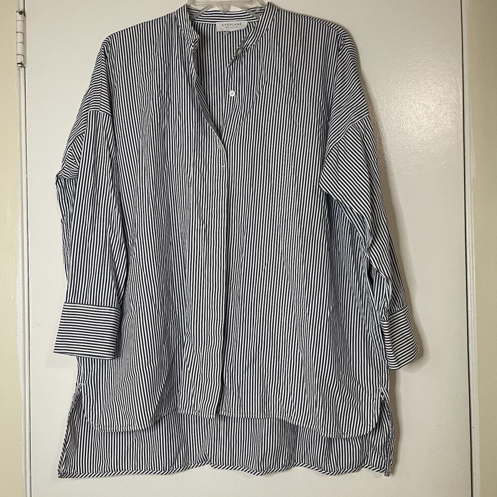 EVERLANE navy striped button down collarless long sleeve tunic top size 10